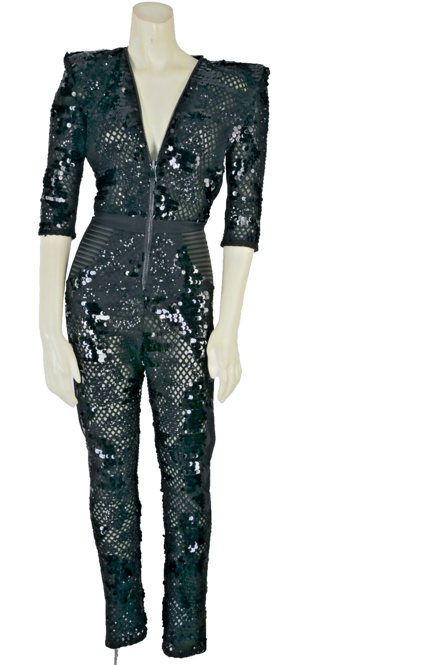 Zhivago Jumpsuit 2 Black Sequin Plunging Metallic Mesh Padded Shoulder Catsuit